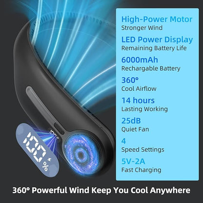 Portable Neck Fan, Hands Free Personal Wearable Bladeless Fan, 6000mAh USB - Image 3