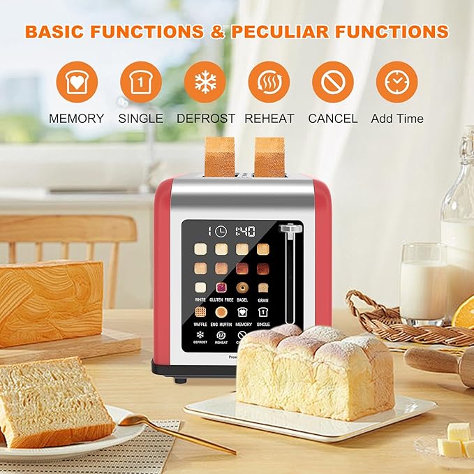 2 Slice Toaster Touch Screen, Stainless Steel Toasters Digital Timer 2 Slot - Image 8