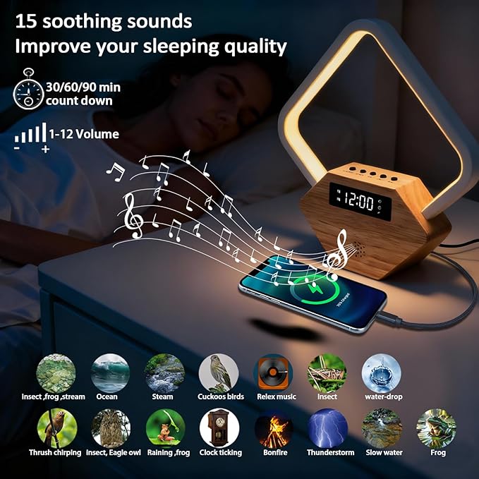 Wood Sunrise Alarm Clock with White Noise Machine 3 Color Night Light 15 - Image 2