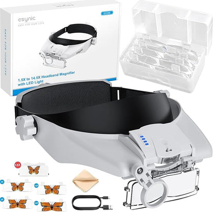 eSynic Head Magnifier with 2 LED Light-1.5X-13X Magnification with 5 Acylic by eSynic