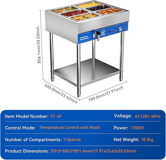6-Pan Commercial Food Warmer, Electric Steam Table, 120V 1700W Stainless Steel - Image 2