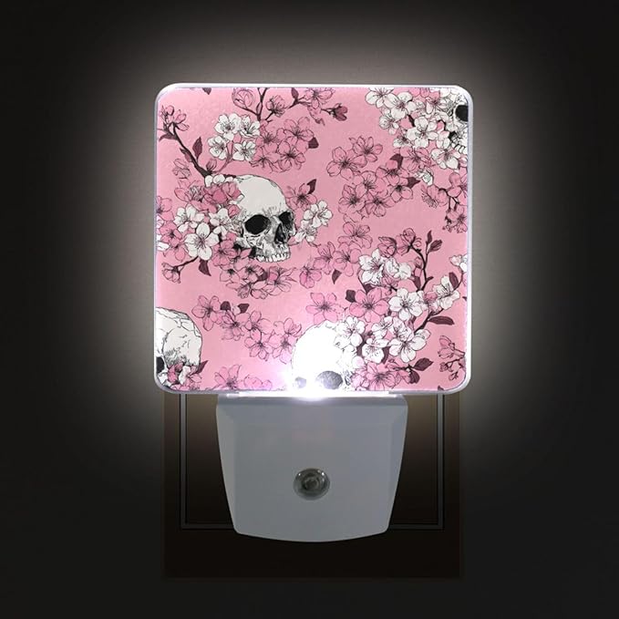 Pigsaly Led Night Light Pink Cherry Blossoms White Skulls Night Light Plug in - Image 4