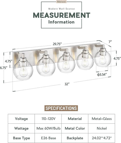 METWET Bathroom Light Fixtures, 5 Light Brushed Nickel Vanity Light, 32 Inch - Image 2