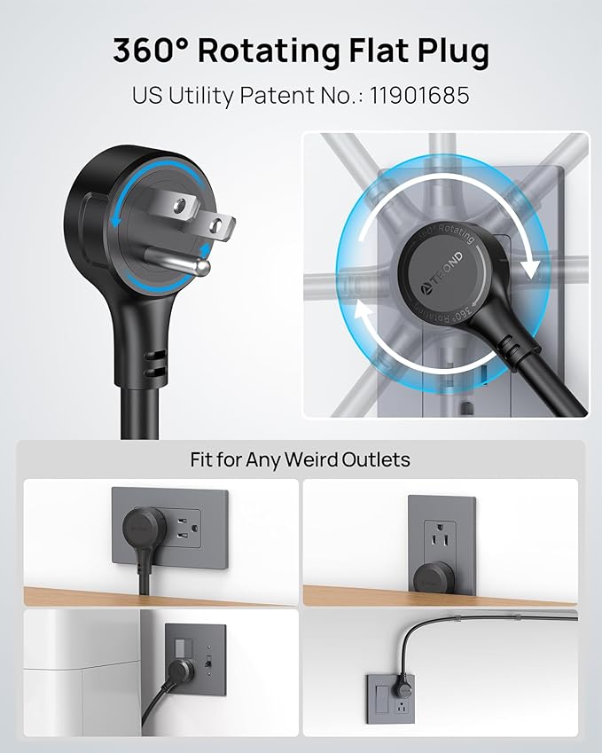 TROND 360° Rotating Flat Plug Power Strip, 5 Widely-Spaced Outlets - Image 2
