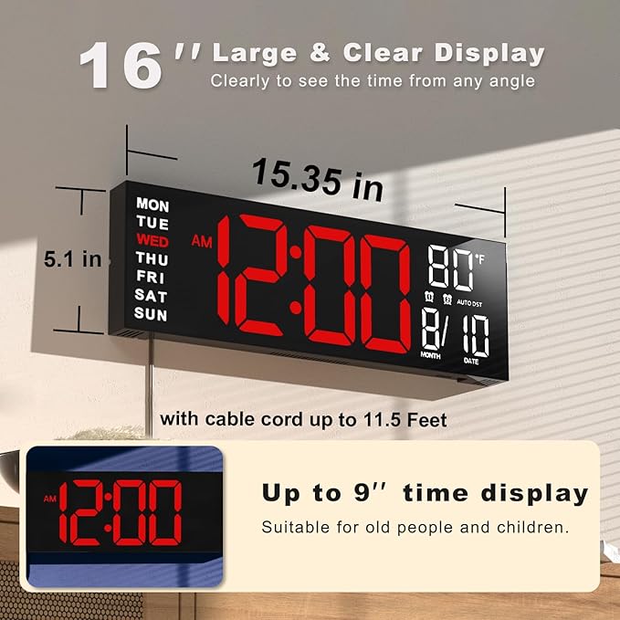 JALL 16" Large Digital Wall Mount Clock, Count Down Timer, Big LED, RGB Color - Image 2