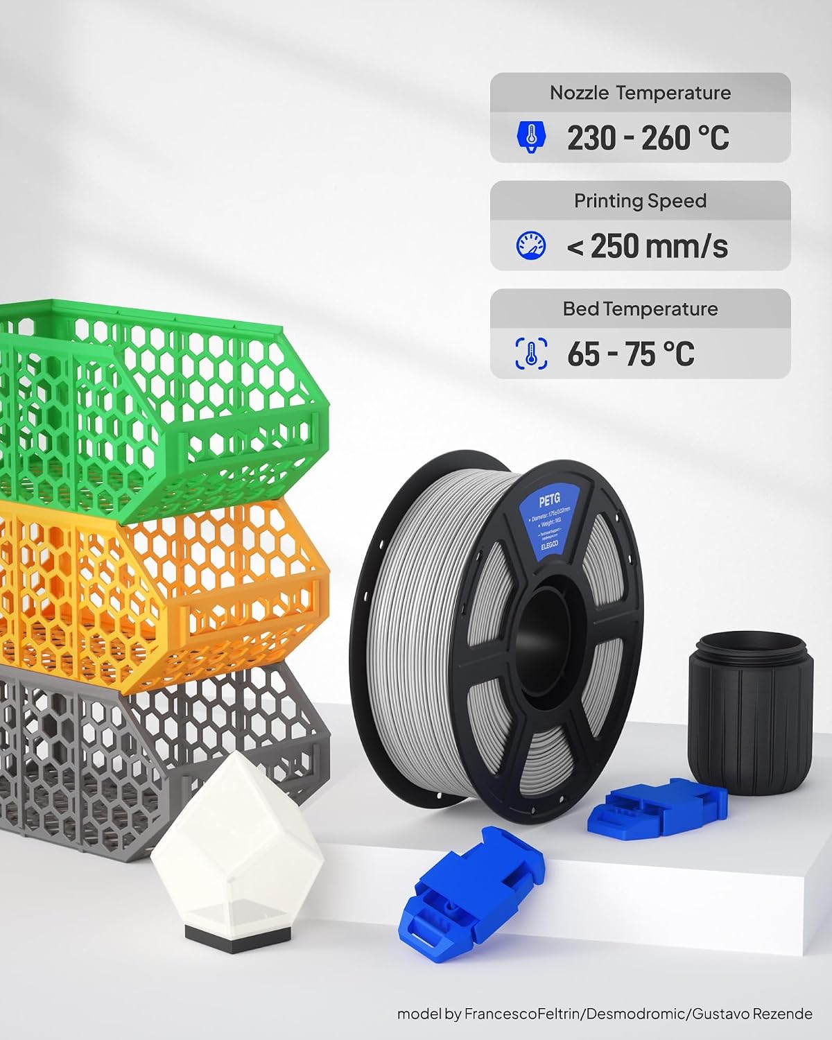 elegoo petg 3d printer filament 1.75mm black 4kg showing dimensions
