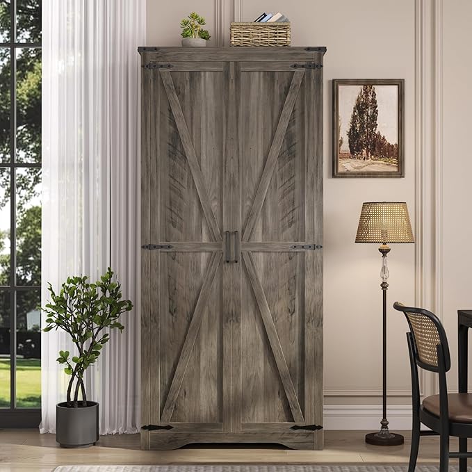 Tall Storage Cabinet with Adjustable Shelves, Farmhouse Pantry Organize with 2 - Image 7