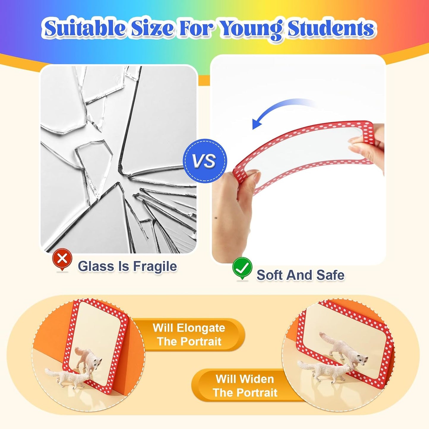 10 Pcs Non Breakable Acrylic Mirror for Kids - 6x4" Bulk Small Pastel Shatterproof Plastic Locker Mirror with Round Corners for School Classroom, Sel, Phonics, DIY Crafts (Classic Colors)