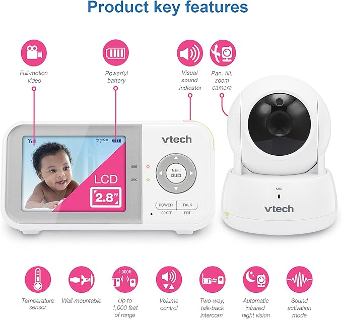 VTech VM923 Baby Monitor, 2.8” Screen, Pan-Tilt-Zoom, 1000ft Long Range - Image 2