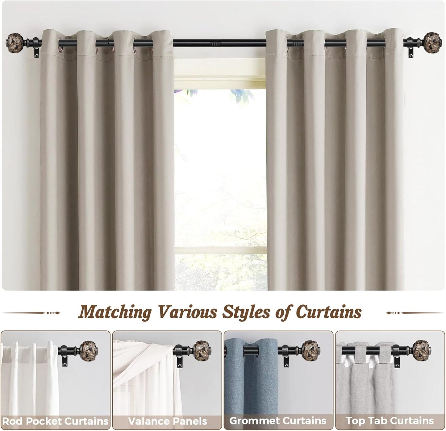 Window Treatment Finials for 1 or 7/8 Inch Curtain Rods, Black Drapery Rods Replacement Finials with M6 Screws, Woven Leaf Pattern, 2 Pack