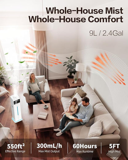 Cool Mist Humidifiers for Bedroom, Ultrasonic 2.4Gal 9L Quiet Top-Fill - Image 2