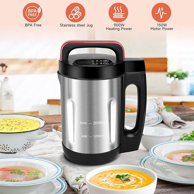 Homtone Soup Maker 2L, Makes 2-6 Servings, 6-in-1 Multifunctional Smooth and - Image 4