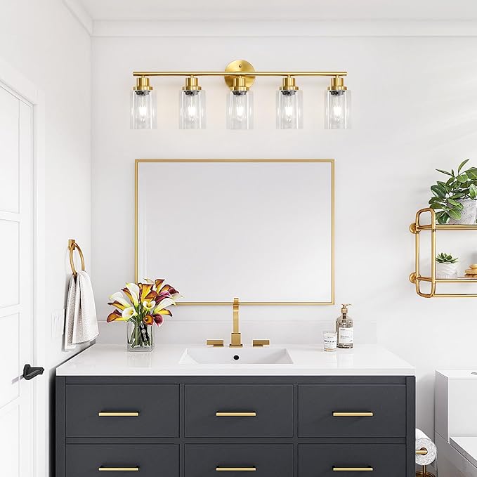 Guliaofo 5-Light Bathroom Vanity Lights, E26 Modern Brushed Gold Bathroom Light - Image 6