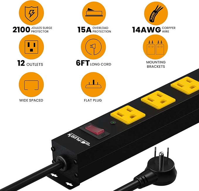 12 Outlet Long Power Strip, 2100 Joules Surge Protector, 6FT Power Cord - Image 4