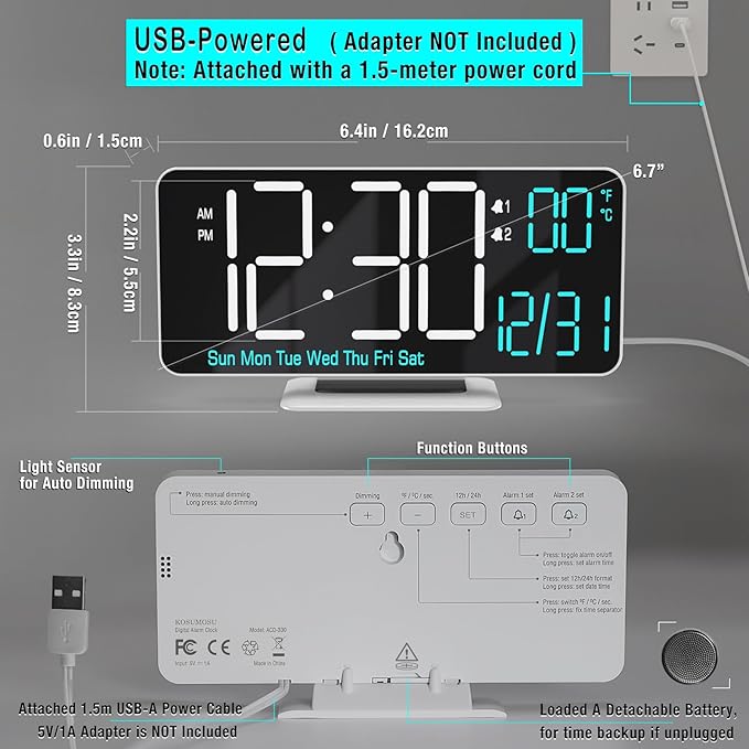 KOSUMOSU Digital Alarm Clocks 6.7in Small Digital Clock - Image 6