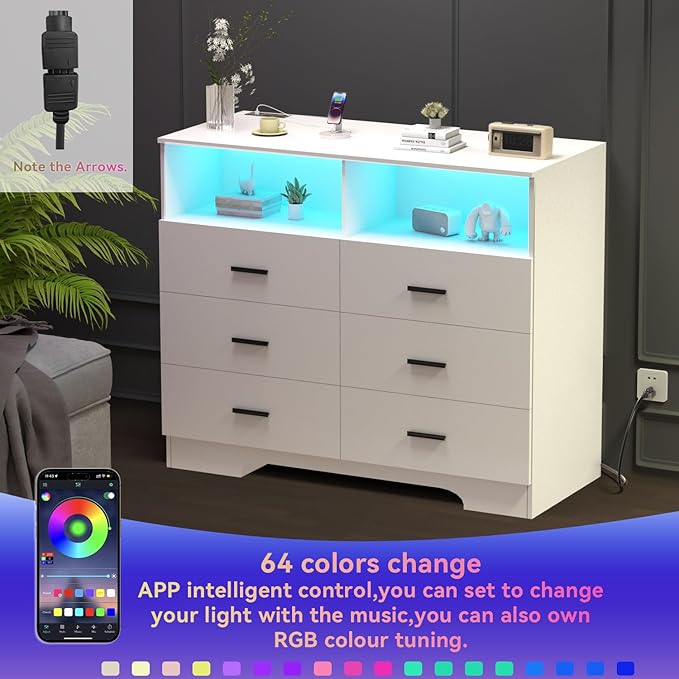 Dresser with Power Outlets and LED Lights Wooden 6 Drawer Dresser with Large - Image 4