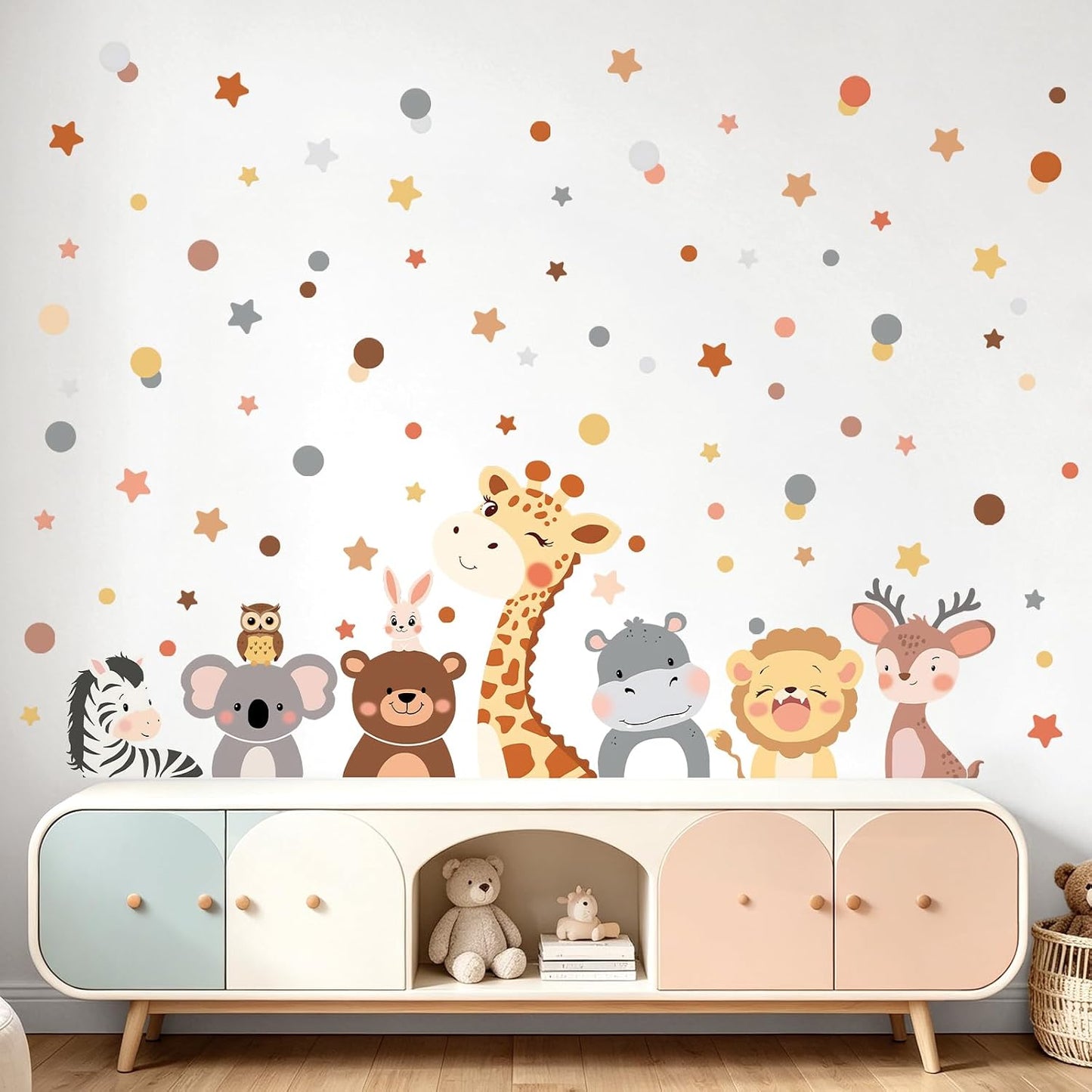 Tanlaby Animal Wall Decals Cartoon Jungle Forest Animals Wall Stickers | 79pcs Polka Dot Giraffe Bear Deer Lion Art Decals for Baby Nursery Kids Toddler Bedroom Playroom Birthday Party Decor