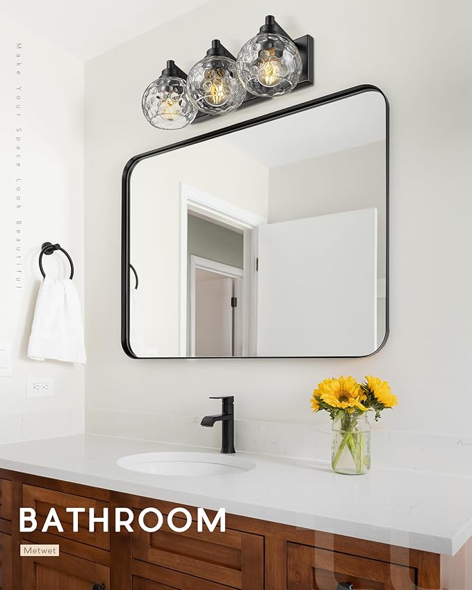METWET Bathroom Light Fixtures Over Mirror, 3-Light Matte Black Vanity Light - Image 7