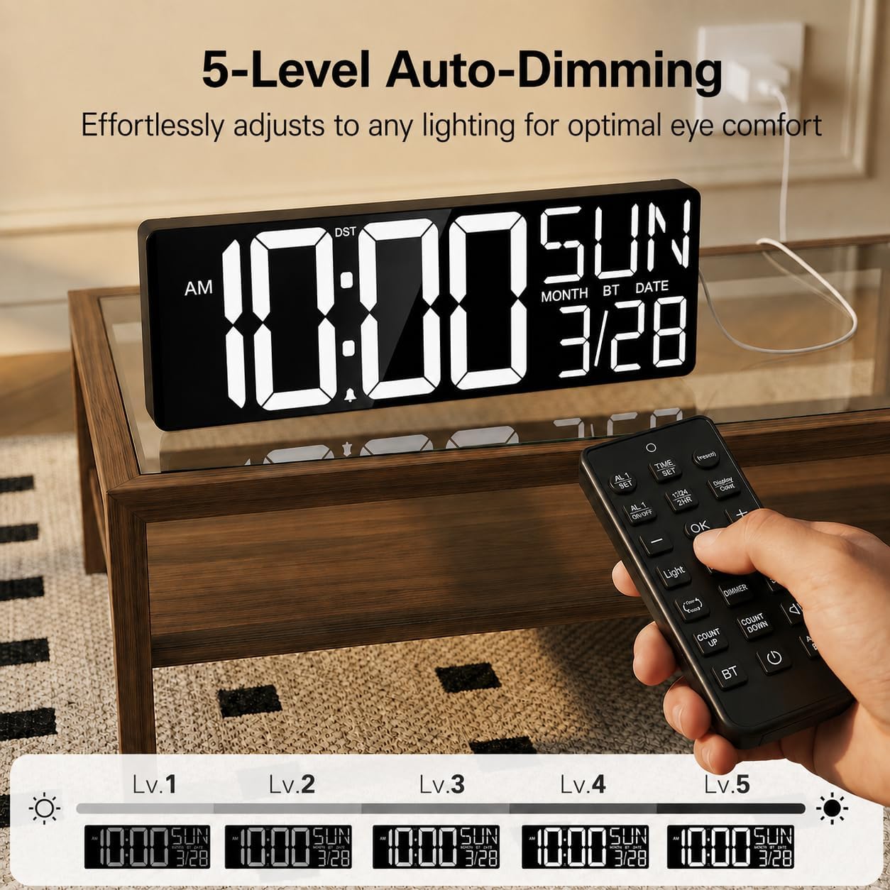 JALL 18" Large Digital Wall Clock with Big Numbers, Remote, Timer, 12 RGB Wall Clock with Date and Temp for Teachers Seniors, Digital Clock for Arena, Gym, Living Room Classroom Decor (White)