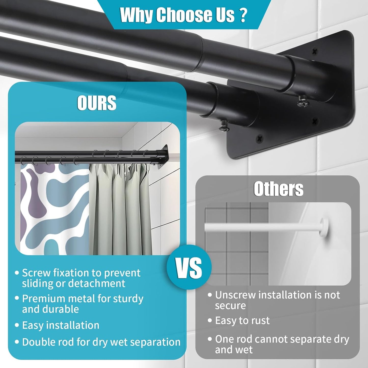 Creatyi 28 to 75 Inches Double Shower Curtain Rod Adjustable Double Shower Curtain Rods for Bathroom (28 to 75'', Black)