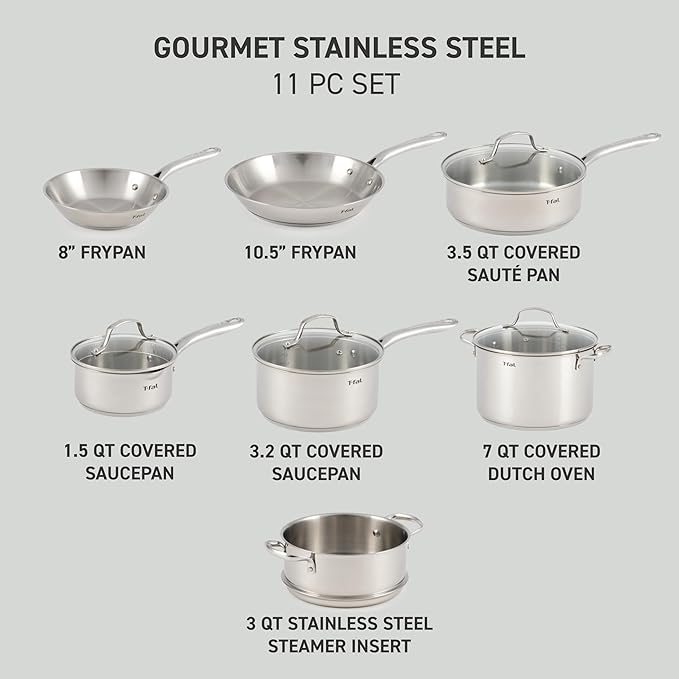 T-fal Stainless Steel Cookware Set, 11 Piece, Induction Cookware, Oven Safe to - Image 2