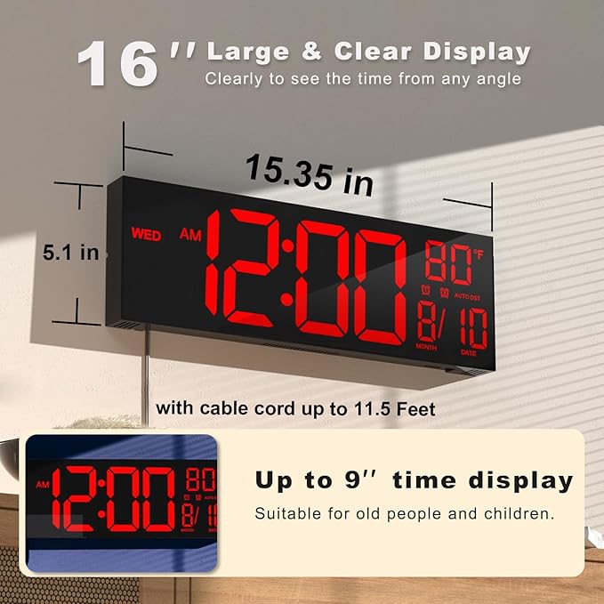JALL 16" Large Digital Wall Mount Clock, Count Down Timer, Big LED, Temperature - Image 2