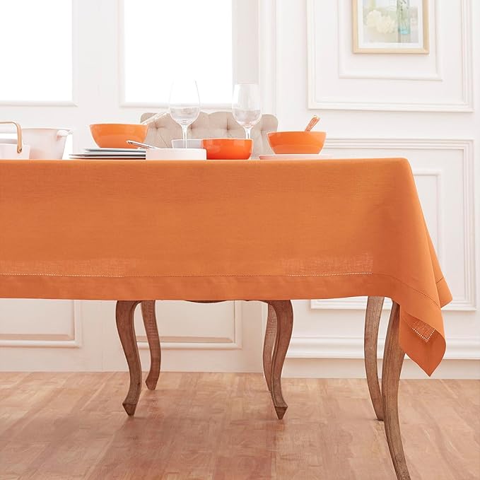 Solino Home Linen Pumpkin Tablecloth 60 x 108 Inch - Classic Hemstitch, 100% ...