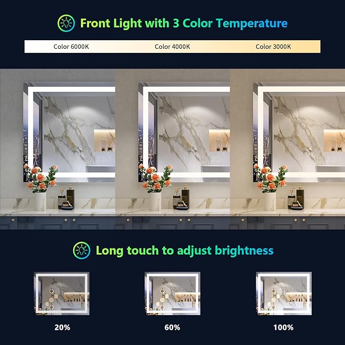 YEELAIT 48x36 Inch RGB LED Bathroom Mirror Front Light and RGB Backlit Lighted - Image 4