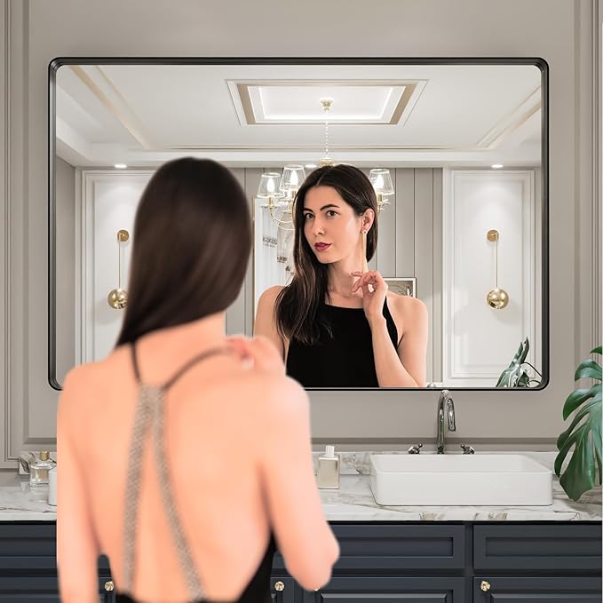 LOAAO 60X40 Inch Black Metal Framed Bathroom Mirror - Image 2