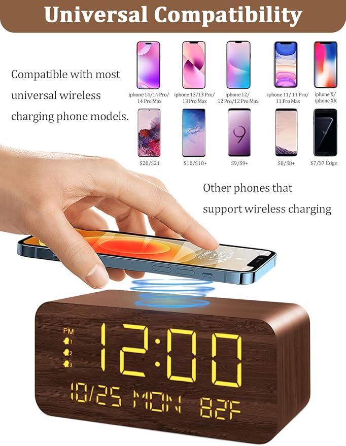 Digital Alarm Clock, with Wooden Electronic LED Time Display, 3 Alarm Settings - Image 3