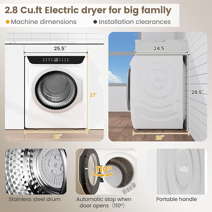 VCJ 2.8 cu.ft Portable Dryer, 1400W Electric Clothes Dryer - Image 4