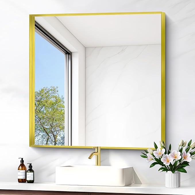 Gold Bathroom Mirror, 30x30 Inch Rectangular Framed Mirror, Large Wall Mounted by Unknown