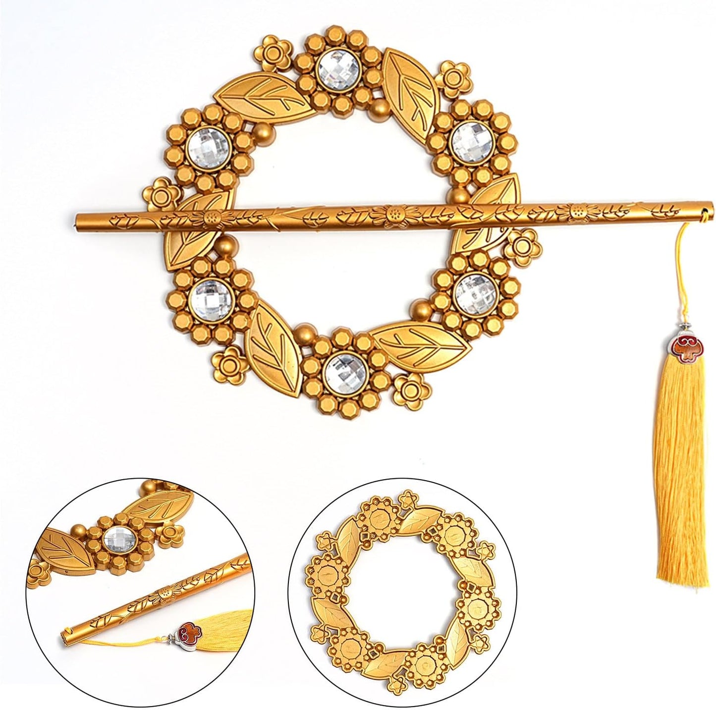 Decorative Curtain Holdback Set with Crystal Floral Design, 2 Pack Silver and Gold Tiebacks with Tassels, Elegant Wall-Mounted Drapery Holders (Golden)