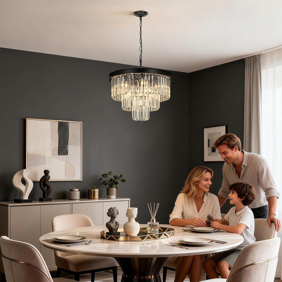 Weesalife Black Crystal Chandeliers for Dining Room，9-Lights D20 Inch
