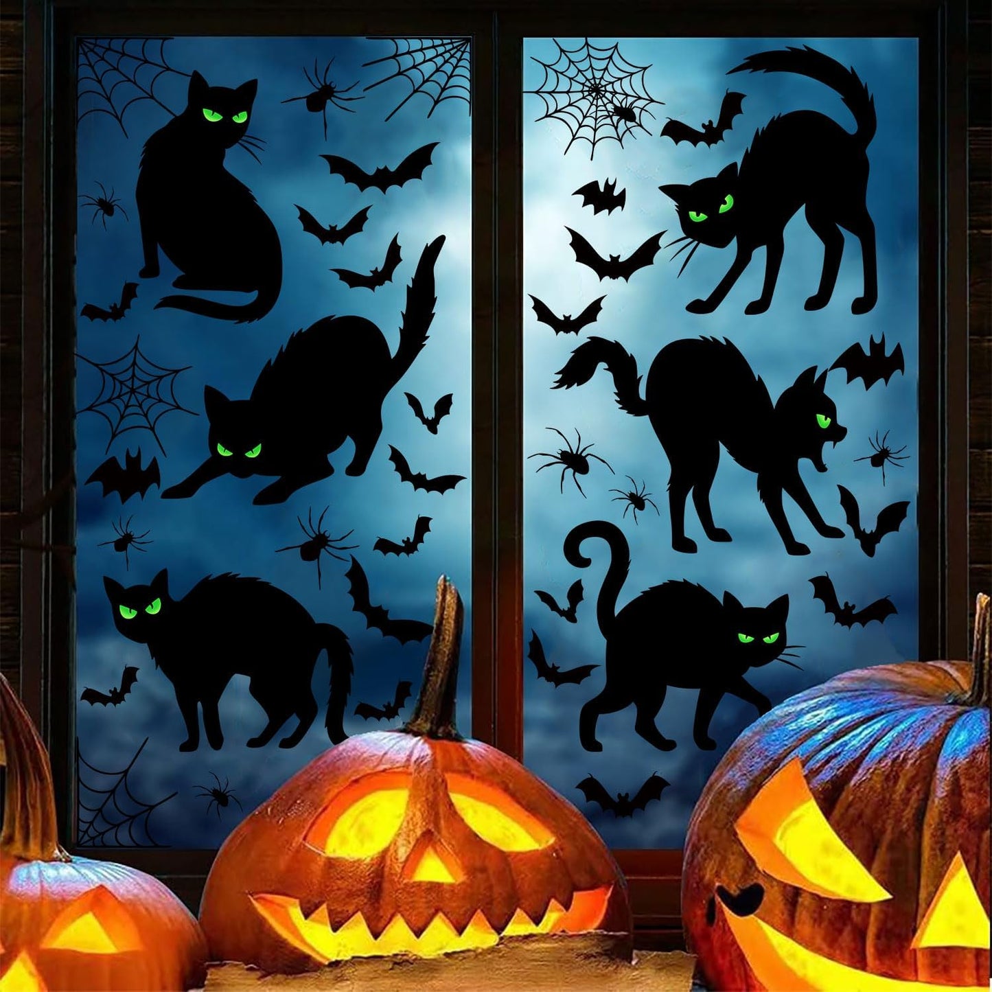 Halloween Black Cat Window Clings Decorations, Spooky Haunted House Bats Spider Web Scary Decals, Silhouette Removable Double-Side Black Cats Window Sticker Halloween Party Supplies 6 Sheets