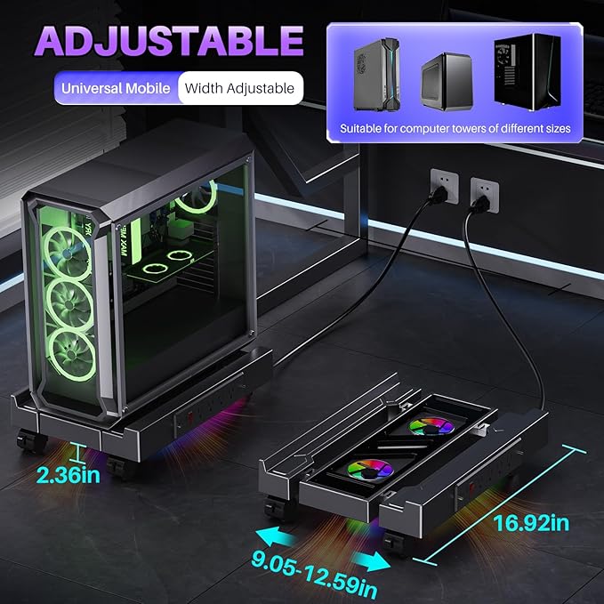 Computer Tower Stand with Charging Station, Cooler Fan and Light, Adjustable PC - Image 2