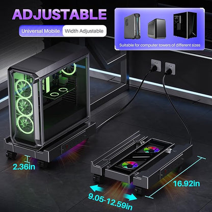 Computer Tower Stand with Charging Station, Cooler Fan and Light, Adjustable PC - Image 2