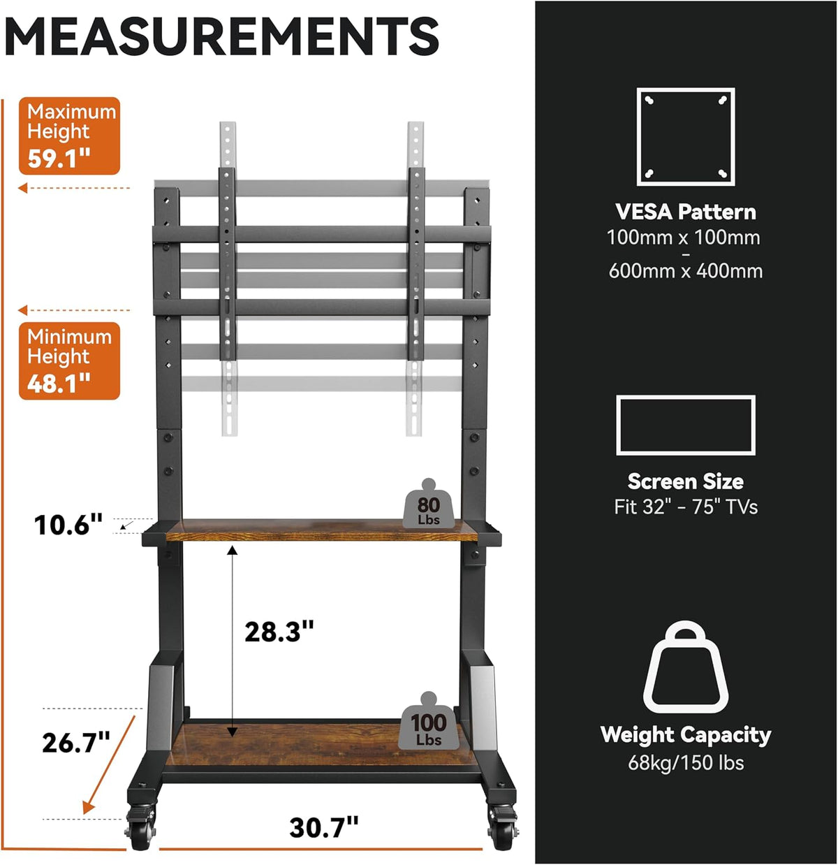 AENTGIU Rolling TV Stand, Mobile TV Stand for 32-75-Inch TVs up to 150lbs