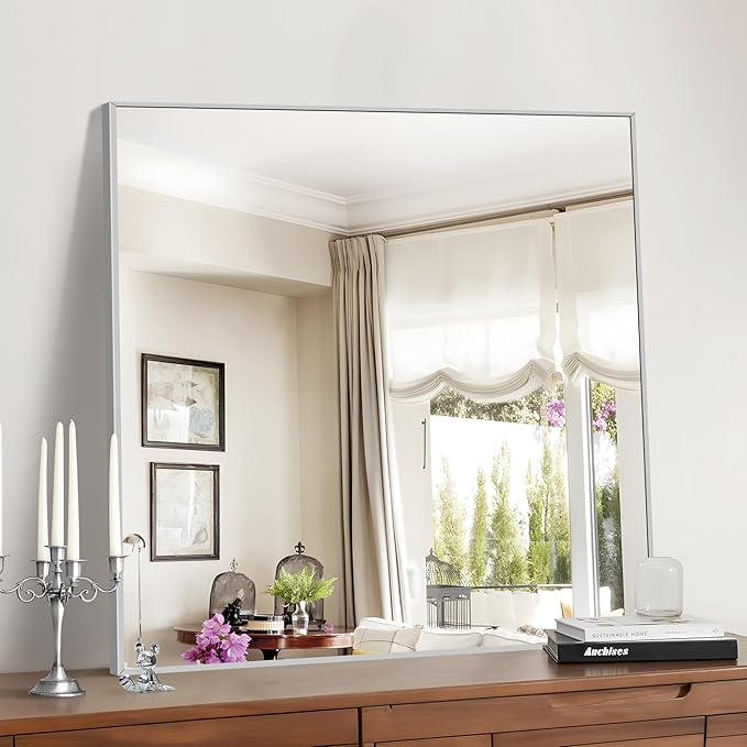Silver Bathroom Mirror for Wall, 30x30 Inch Rectangle Mirrors - Image 2