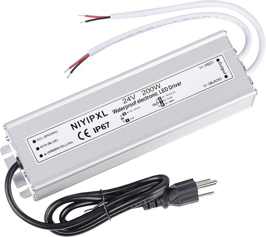 LED Driver 200 Watts 24V DC Low Voltage Transformer， Waterproof IP67 LED Power by NIYIPXL