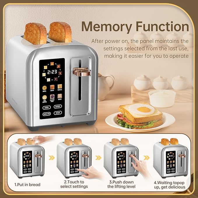 SEEDEEM Toaster 2 Slice, Full Touch Control Stainless Toaster, LCD Display - Image 6