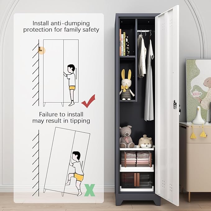 GREATMEET Slim Locking Metal Garage Storage Cabinet, Tall Steel Narrow Broom - Image 4