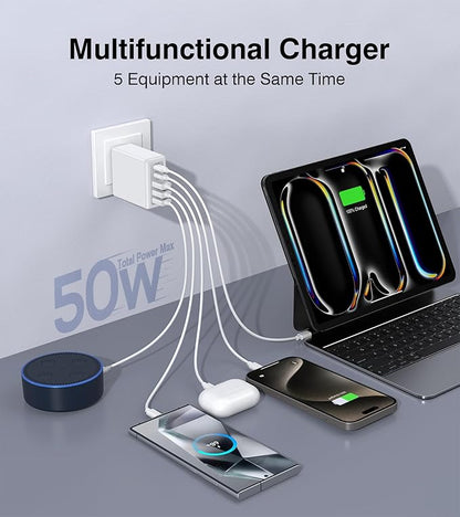 50W USB C Wall Charger Block, 5-Port Type C Fast Charging Brick Cube Dual PD - Image 2