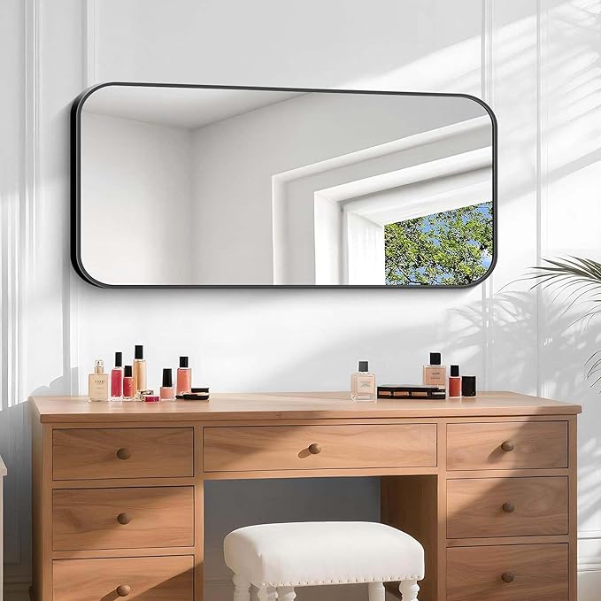 Bathroom Mirror, 48 x 24 inch Black Rectangle Wall Mirror, Metal Framed - Image 3