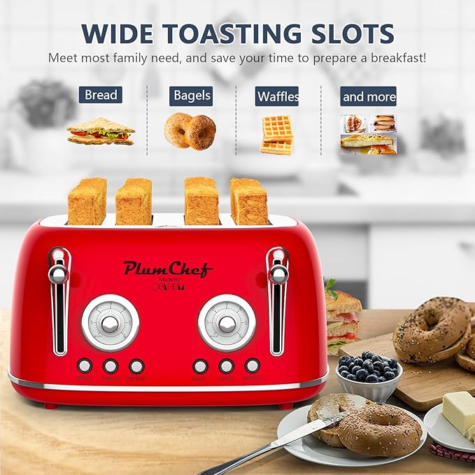 Plumchef 4 Slice Wide Slot Retro Style Toaster, Dual Control Toaster wtih Timer - Image 2