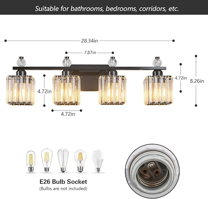 FDPBY Vanity Lights 4-Light Modern Crystal Vanity Light Plating Black Bathroom - Image 5
