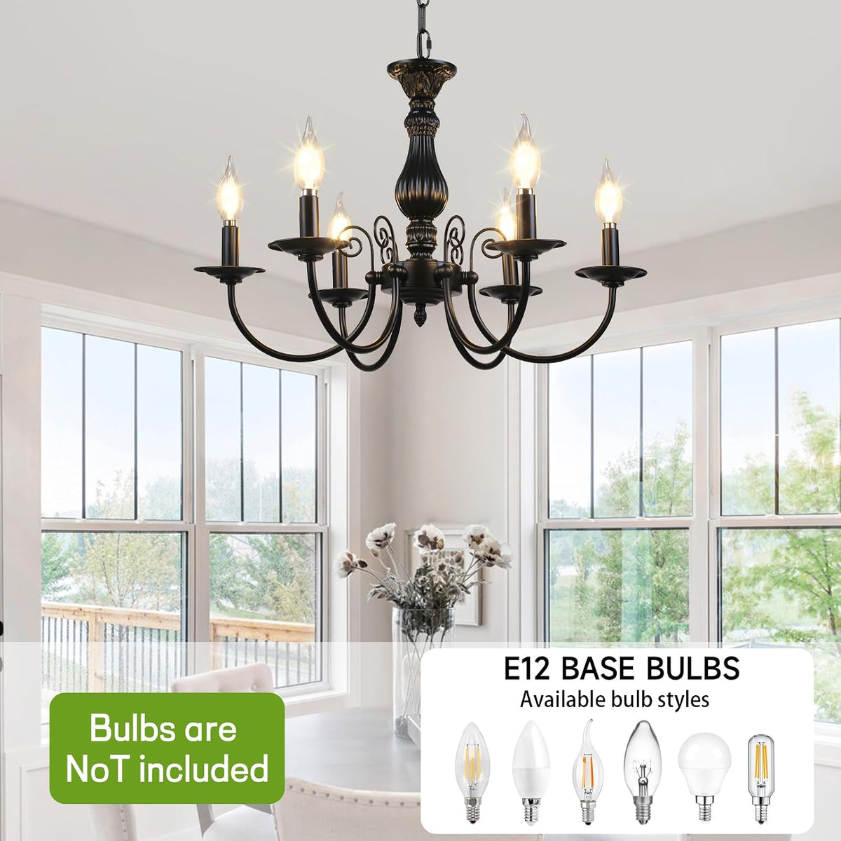 6-Light Farmhouse Chandelier for Dinning Room,Vintage Black Candle Hanging Pe...