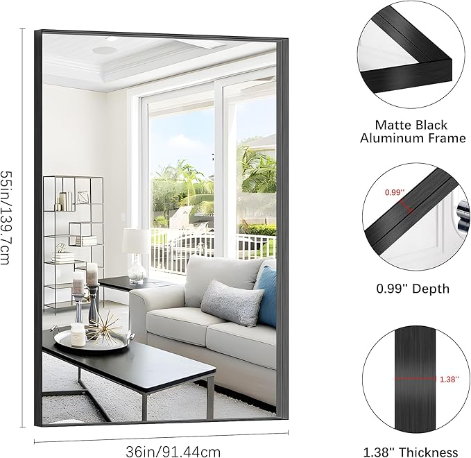 Black Bathroom Mirror, 36x55 Inch Rectangular Deep Frame Mirror, Large Wall - Image 3