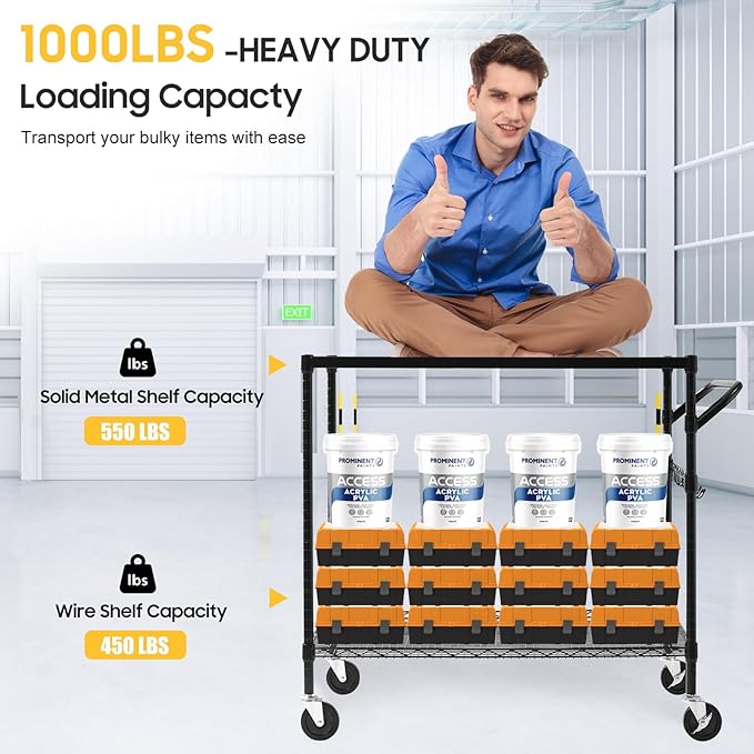 WDT 2-Tier Utility Cart with Wheels, Metal Cart with 1000LBS Capacity, NSF - Image 2