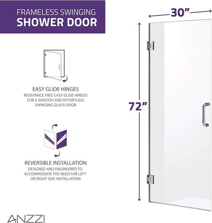 ANZZI 72" x 30" Frameless Shower Door in Polished Chrome, Water Repellent Glass - Image 3